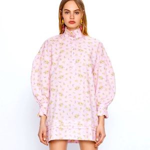 Zara pink printed shirt dress with ruffle high collar size S